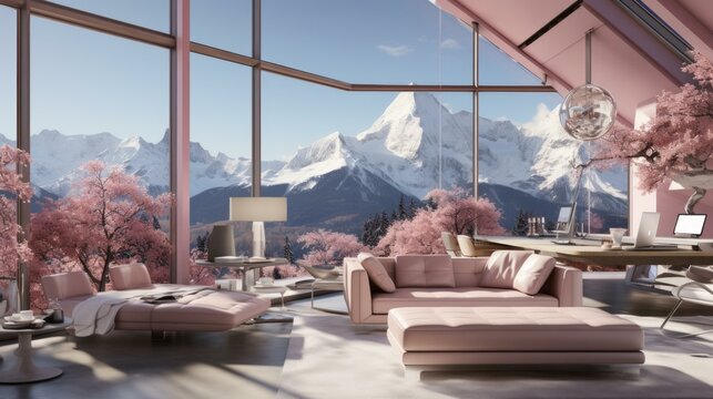 pink modern house interior mountain view