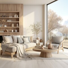 Modern living room interior with large windows and wooden furniture