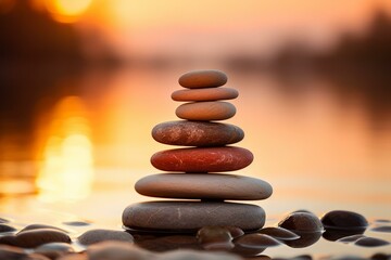 Stones stacked on each other on a beach with the sunset in the background