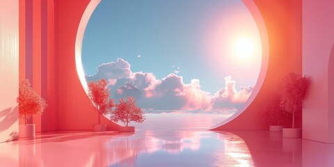 Pink surreal landscape with a large round window