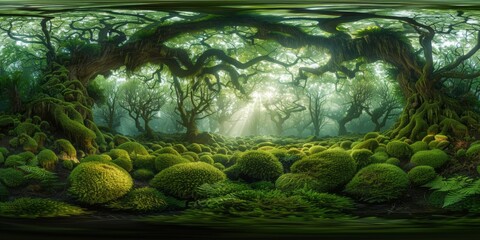 An immersive 360-degree panorama of a mystical fairy tale forest, with ancient trees and moss-covered rocks creating an - obrazy, fototapety, plakaty