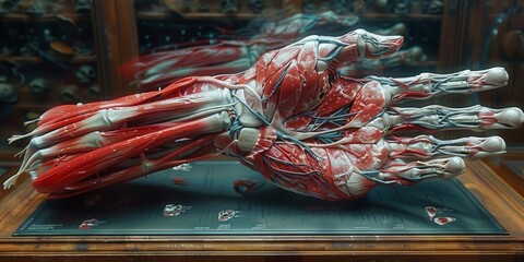 Fototapeta premium An immersive 360-degree panorama of the muscles of the hand, including the intrinsic and extrinsic muscles, showcasing their