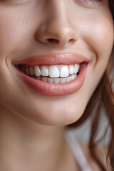 Close-up of smiling young woman with healthy white teeth. Dental care concept.