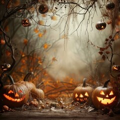 Halloween pumpkins in a spooky forest