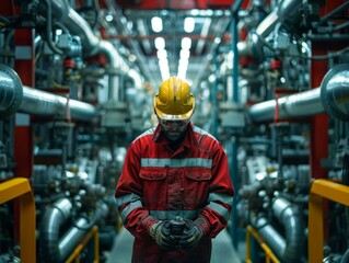 Oil and gas worker in protective gear standing in front of a large industrial machine
