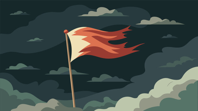 Against a backdrop of stormy skies a tattered flag valiantly continues to wave a symbol of hope and perseverance through difficult times.. Vector illustration