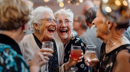 Joyful Elderly Friends Celebrating with Cocktails and Glittering Reflections