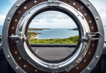 'metal porthole window navigation old vintage brass isolated view marin maritime white yacht boat...