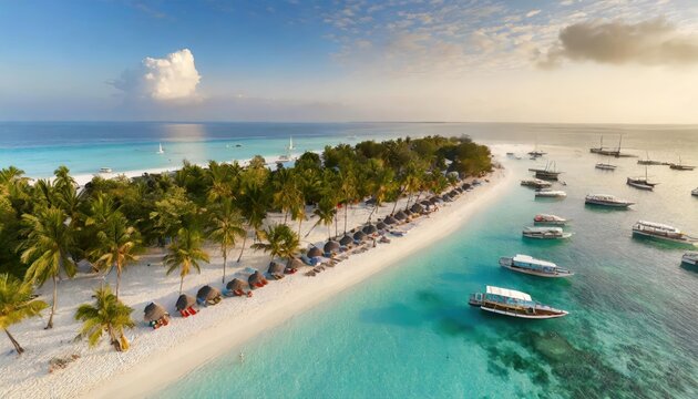 Aerial view of white sandy beach with palm trees, umbrellas, yachts, boats, blue ocean,