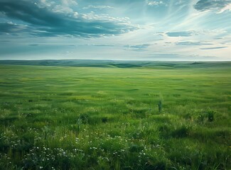 Obraz premium Green rolling hills under a blue sky with white clouds