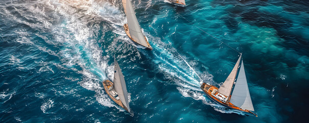 A regatta of sailing ships with white sails on the high seas, with an aerial view of a sailboat in a windy state.
