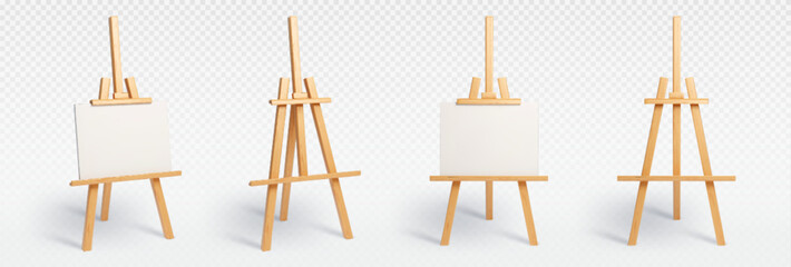 Obraz premium Wood easel stand with art board isolated vector mockup. 3d painter canvas tripod for display artist drawing in gallery exhibition. Whiteboard object for creative studio class realistic equipment set
