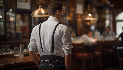 Fototapeta premium Young man in suspenders standing at the bar counter in the restaurant back view