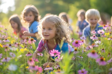 A group of children are playing in a field of flowers.
