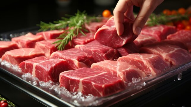 Raw meat on ice with rosemary