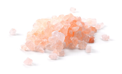 A close-up of Himalayan pink salt crystals, unique texture and color, isolated on a white...