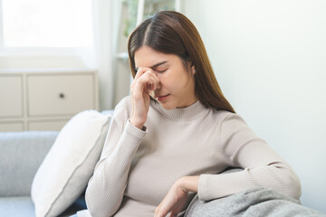 Depressed anxiety asian young woman, girl frustrated closed eyes, touching face suffering stressed,...