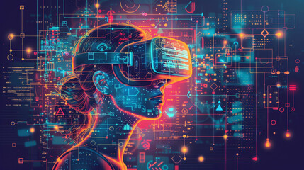 Illustration of a person immersed in virtual reality with a futuristic headset, surrounded by digital and holographic interface elements, Ai And IoT