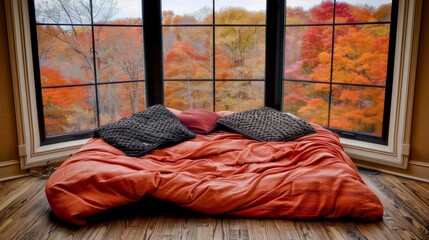 Create a bedroom with giant windows overlooking a serene forest, with sunlight filtering through the canopy and birds chirping in