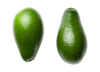 Bright, green avocados on a white, isolated background. Top view. Transparent PNG