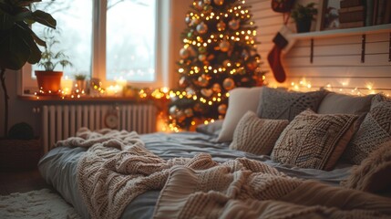 Create a cozy reading nook in your modern home with a minimalist Christmas tree adorned with string lights and a