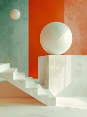 3D rendering of a staircase with a large sphere on a podium in front of an orange wall