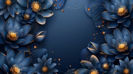 An elegant lotus background with a golden line and dark blue color. Lotus flowers line arts design for wallpaper, banners, prints, invitations, and packaging. Modern illustration.