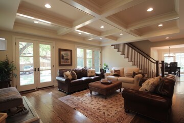 Elegant living room with coffered ceiling