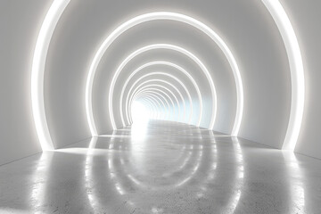 Abstract white and orange glowing light arches in the center of an empty room with a smooth concrete floor Created with Ai