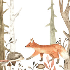Watercolor composition with cute forest animals, fox and hedgehog, trees, mushrooms for baby cards, invitations, baby showers, baby wallpaper