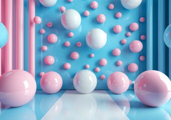 Pink and blue balls floating in a blue and pink striped room