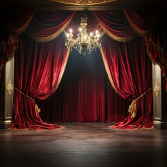 Red velvet curtains on a stage with a golden chandelier