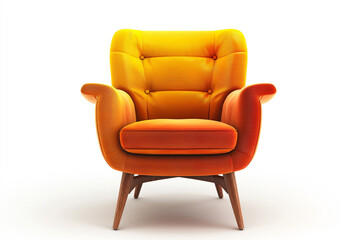 A retro-inspired armchair in vibrant shades of orange and yellow, isolated against a solid white background.