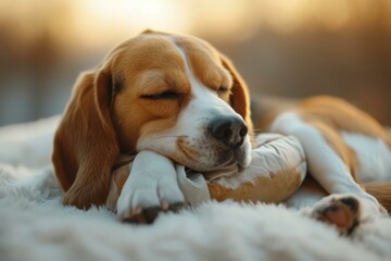 Beagle dog sleeping on a white blanket in the sunlight - obrazy, fototapety, plakaty