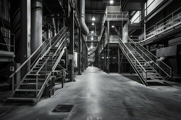 Black and white factory interior with stairs and catwalks
