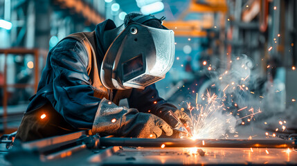 person in protective gear, including a helmet, focused on welding. Bright sparks and lines of light are vividly flying from the welding point