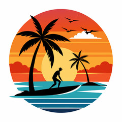 surfer on the beach silhouette vector art illustration with white background, Summer t shirt