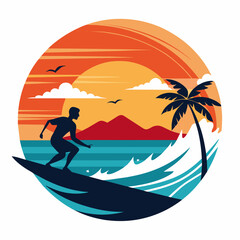 surfer on the beach silhouette vector art illustration with white background, Summer t shirt