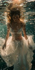 An ethereal underwater portrait of a woman in a white dress