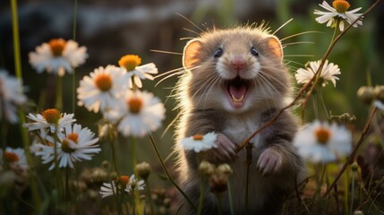 Small happy rodent in a field of flowers