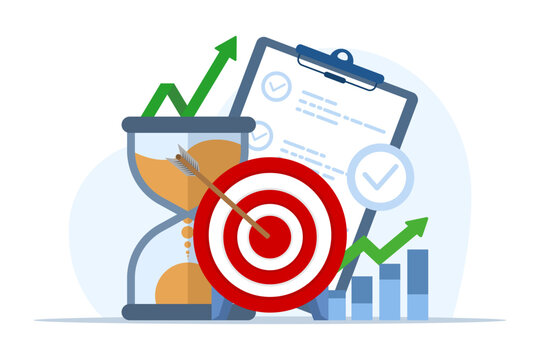 time management and development concept, metaphor of achieving targets and goals for productive work, developing a self-control system isolated white background flat vector illustration.