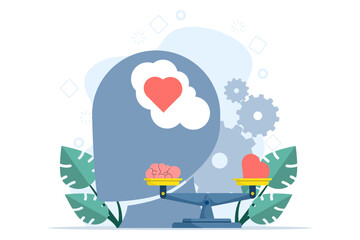 Emotional intelligence concept. Heart and brain on balanced scale symbol. Love, mind, logic. explore inner personality. Modern flat cartoon style. Vector illustration on white background.