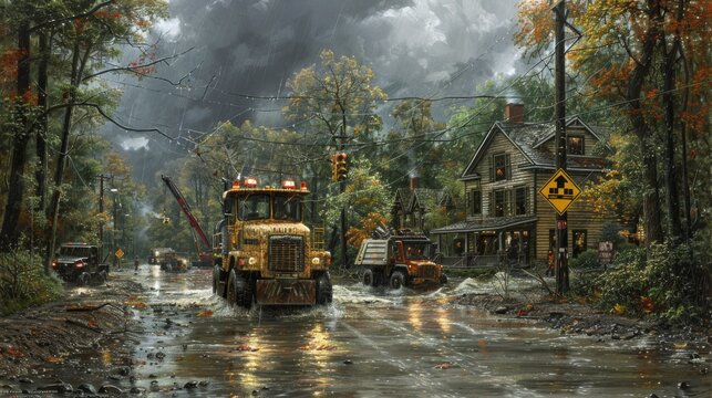 Depict cranes and forklifts operating in the aftermath of a severe weather event, with emergency lights illuminating the darkness as