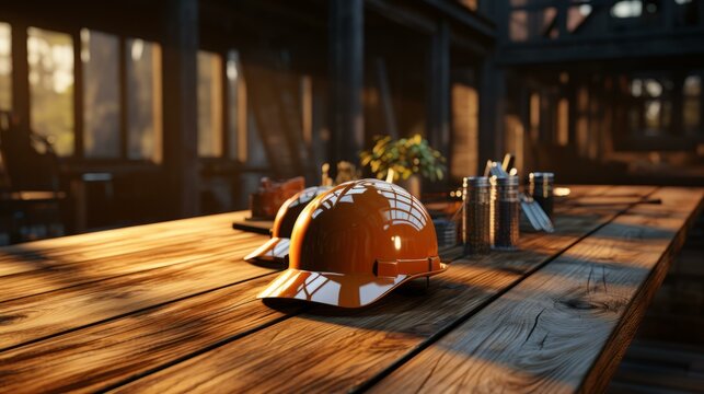 Two orange hard hats on a wooden table