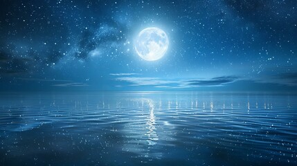 Full moon rising over a calm sea with a starry night sky