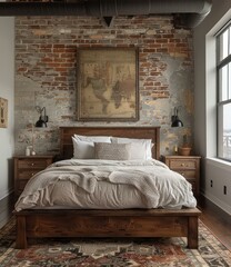 cozy bedroom with wood bedframe and brick wall