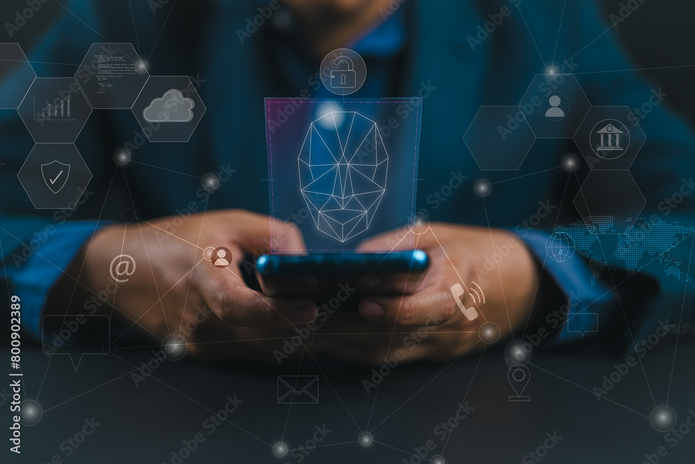 Poster technological scanning. biometric facial recognition. face id. technological scanning face of woman 