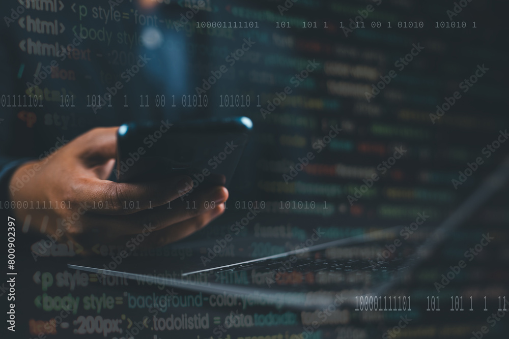 Leinwandbilder Digital software development, Internet technology concept. Software apps developer, man programmer working on mobile phone and laptop with binary, javascript computer code, big data on virtual screen