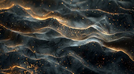 Black and gold 3D rendering of a wavy surface with glowing particles