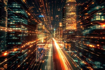 Fototapeta na wymiar High-Speed Cityscape with Blurred Light Trails 